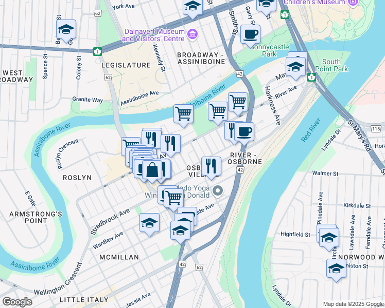 map of restaurants, bars, coffee shops, grocery stores, and more near 111 Scott Street in Winnipeg