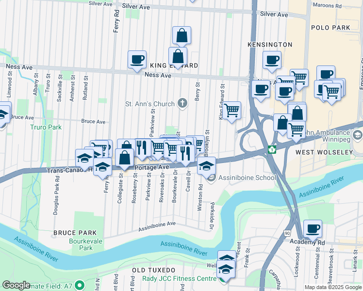 map of restaurants, bars, coffee shops, grocery stores, and more near 219 Hampton Street in Winnipeg