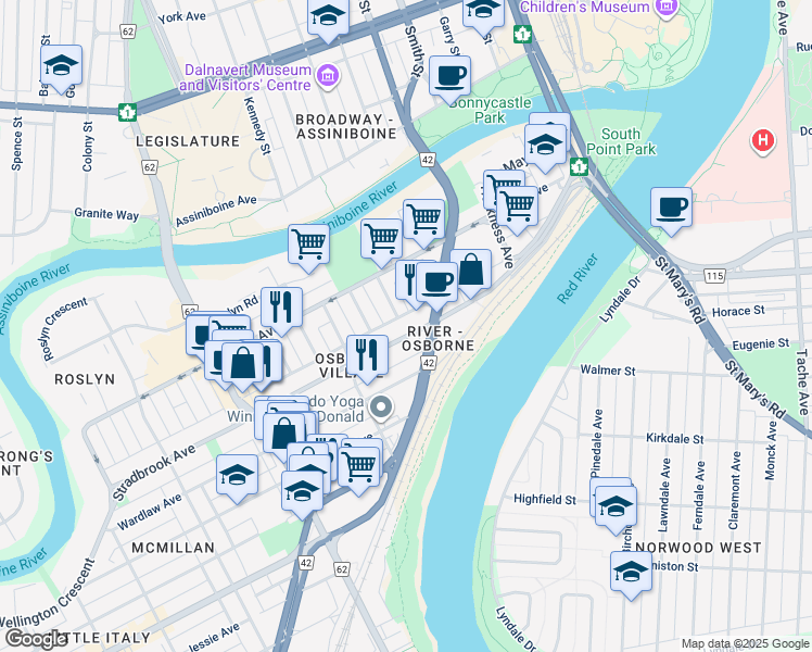 map of restaurants, bars, coffee shops, grocery stores, and more near in Winnipeg