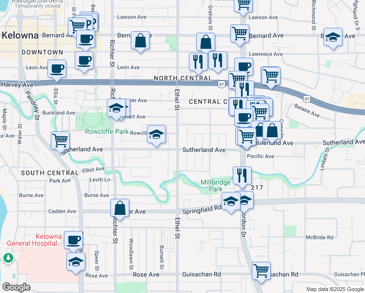 map of restaurants, bars, coffee shops, grocery stores, and more near 1893 Ethel Street in Kelowna