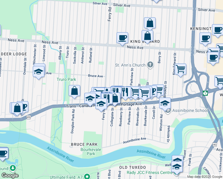 map of restaurants, bars, coffee shops, grocery stores, and more near 224 Collegiate Street in Winnipeg
