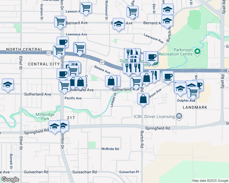 map of restaurants, bars, coffee shops, grocery stores, and more near 1903 Lindahl Street in Kelowna