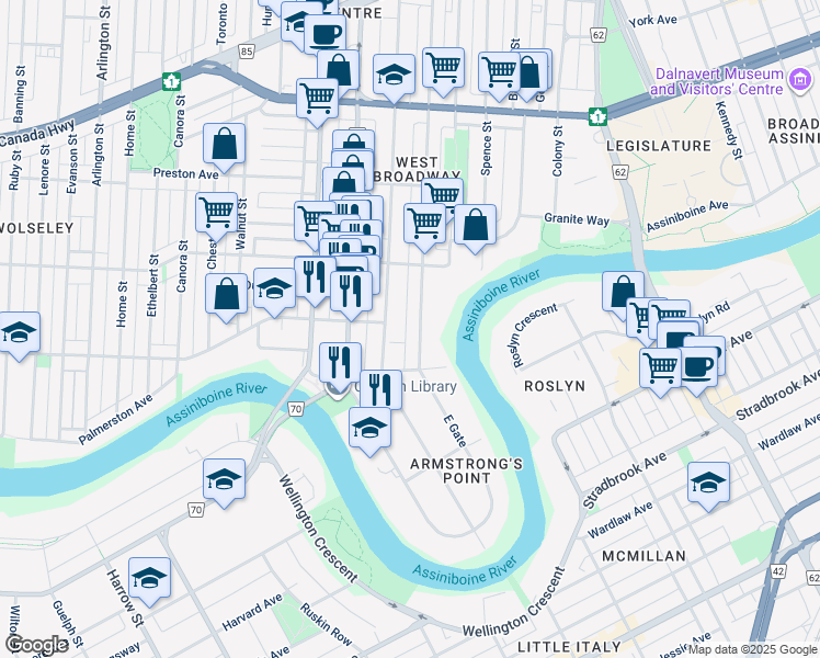 map of restaurants, bars, coffee shops, grocery stores, and more near 11 Furby Street in Winnipeg