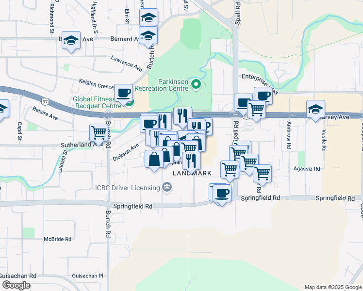 map of restaurants, bars, coffee shops, grocery stores, and more near 140-1735 Dolphin Avenue in Kelowna