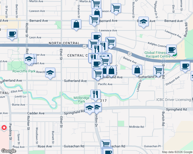 map of restaurants, bars, coffee shops, grocery stores, and more near 1835 Gordon Drive in Kelowna