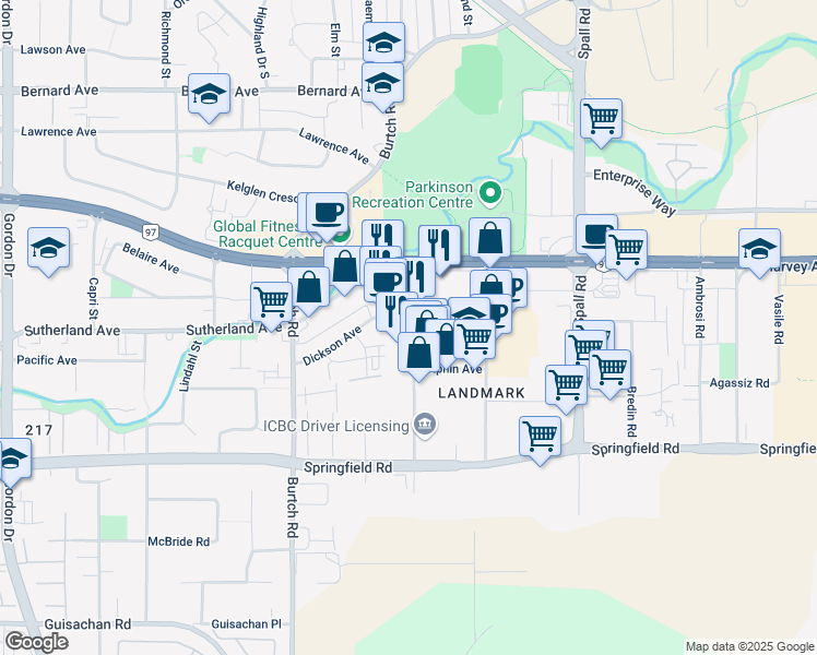map of restaurants, bars, coffee shops, grocery stores, and more near 1632 Dickson Avenue in Kelowna
