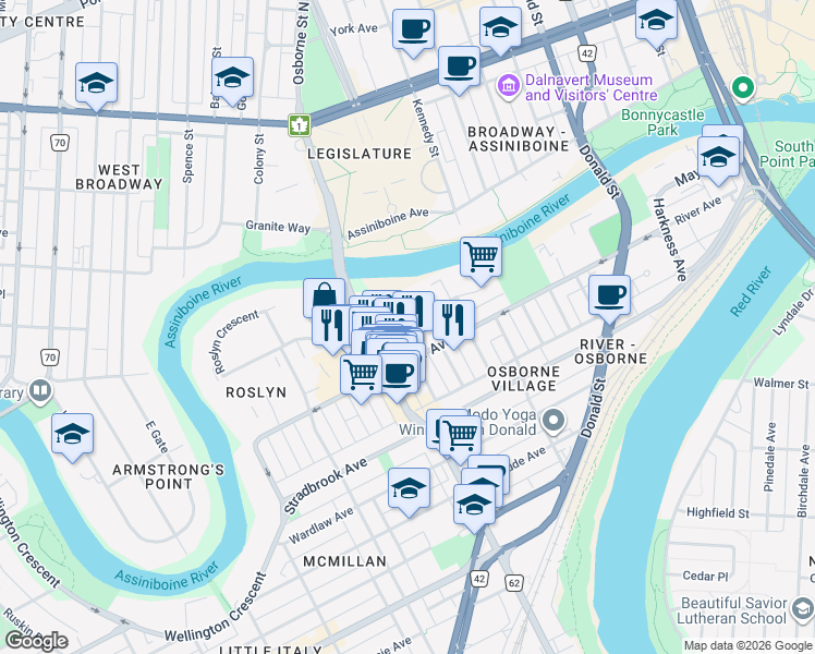 map of restaurants, bars, coffee shops, grocery stores, and more near 81 Roslyn Road in Winnipeg