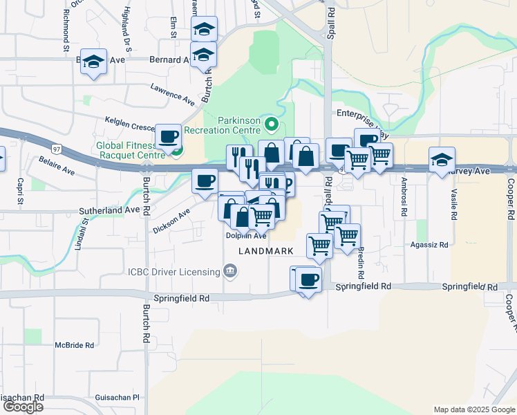 map of restaurants, bars, coffee shops, grocery stores, and more near 1820 Kirschner Road in Kelowna