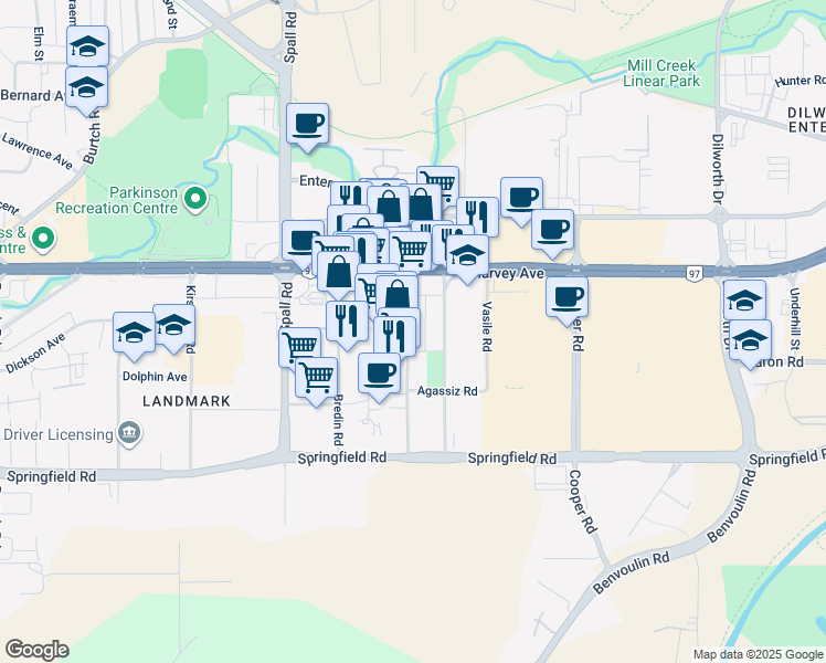 map of restaurants, bars, coffee shops, grocery stores, and more near 1851 Ambrosi Road in Kelowna