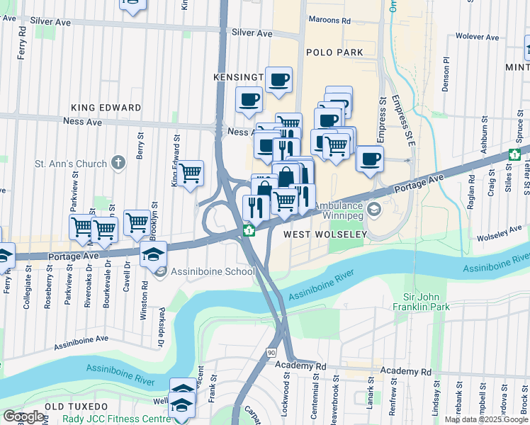 map of restaurants, bars, coffee shops, grocery stores, and more near 1661 Portage Avenue in Winnipeg