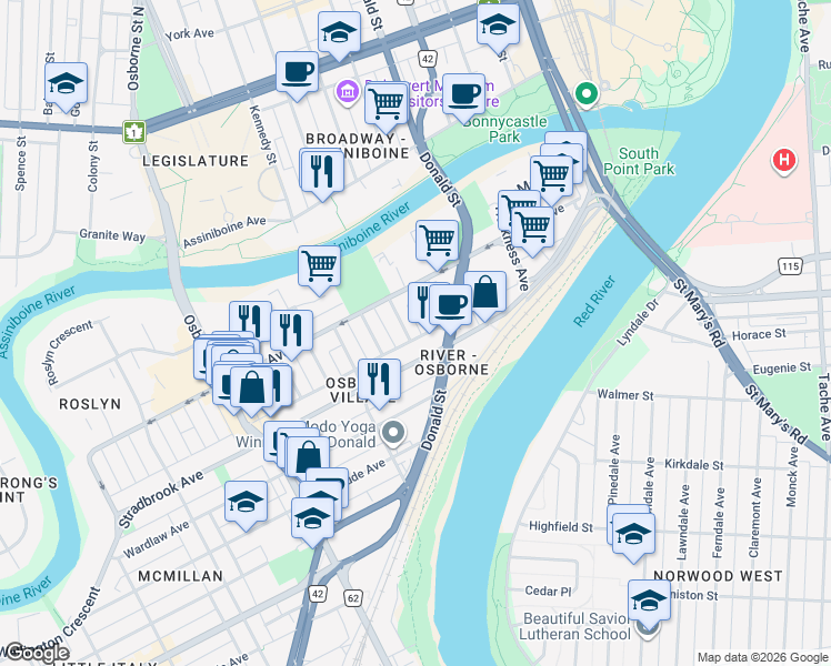 map of restaurants, bars, coffee shops, grocery stores, and more near 124 Lewis Street in Winnipeg