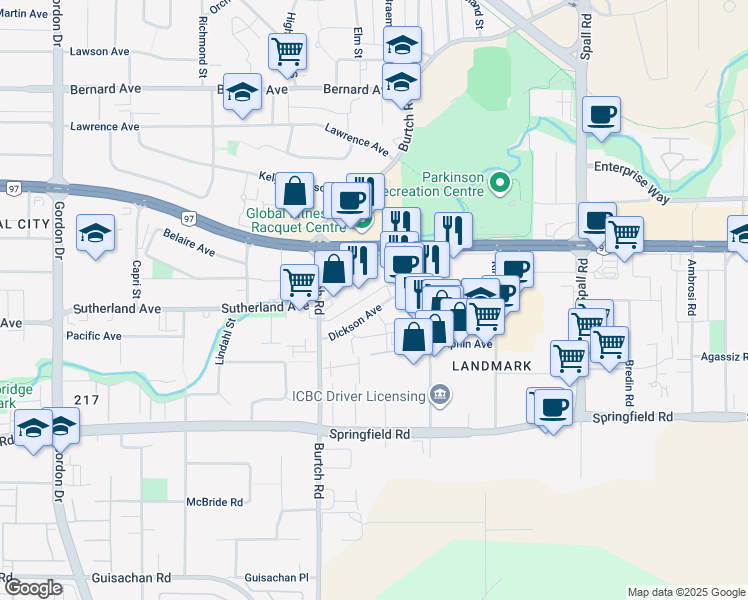 map of restaurants, bars, coffee shops, grocery stores, and more near 1550 Dickson Avenue in Kelowna