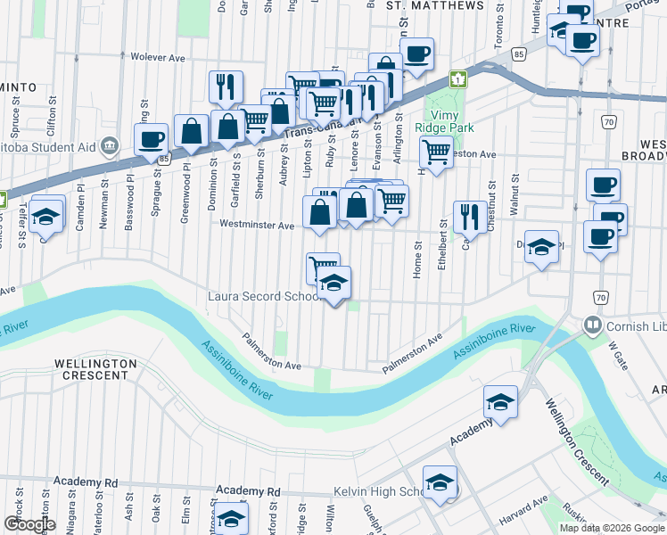map of restaurants, bars, coffee shops, grocery stores, and more near 107 Ruby Street in Winnipeg