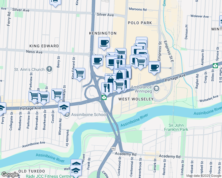 map of restaurants, bars, coffee shops, grocery stores, and more near 1661 Portage Avenue in Winnipeg