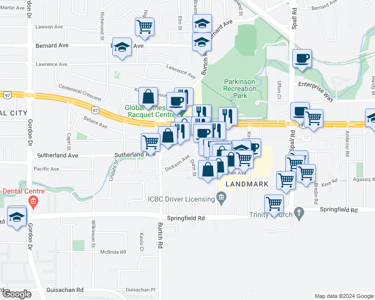 map of restaurants, bars, coffee shops, grocery stores, and more near 1615 Dickson Avenue in Kelowna