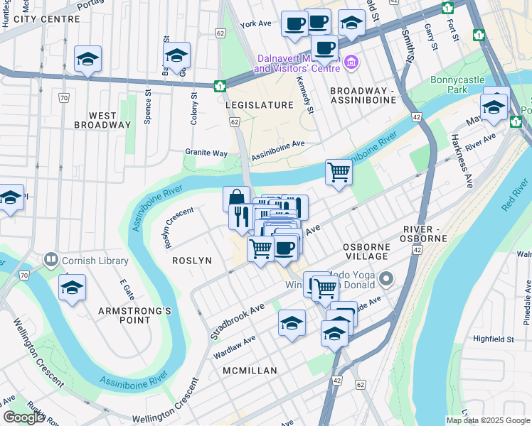 map of restaurants, bars, coffee shops, grocery stores, and more near 26 Osborne Street in Winnipeg