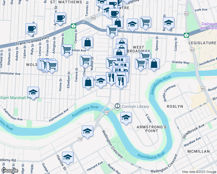 map of restaurants, bars, coffee shops, grocery stores, and more near 73 Route 70 in Winnipeg