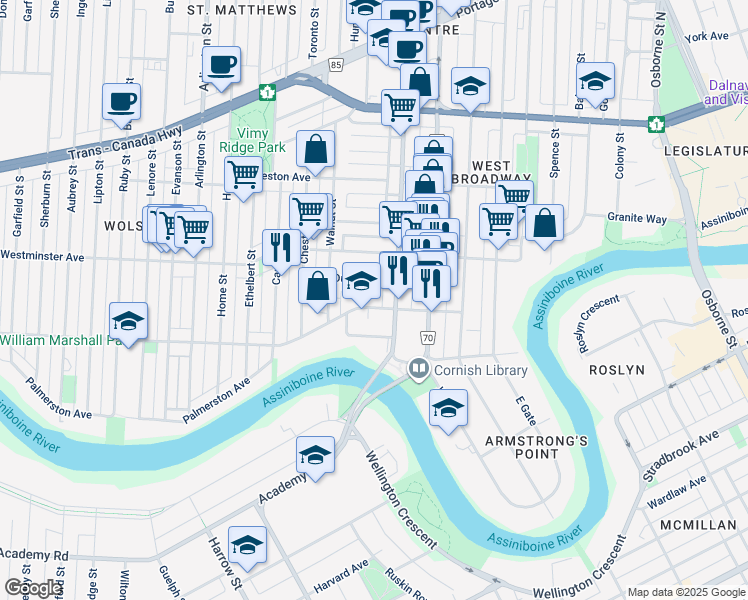 map of restaurants, bars, coffee shops, grocery stores, and more near 739 Wolseley Avenue in Winnipeg