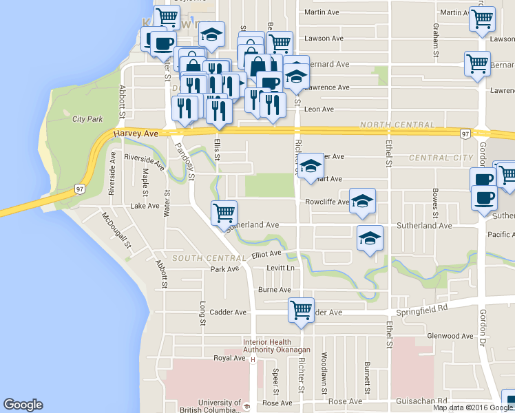 map of restaurants, bars, coffee shops, grocery stores, and more near 550 Rowcliffe Avenue in Kelowna