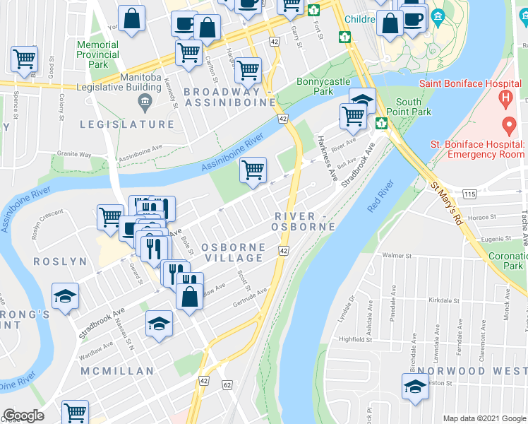 map of restaurants, bars, coffee shops, grocery stores, and more near 6 Donald Street in Winnipeg