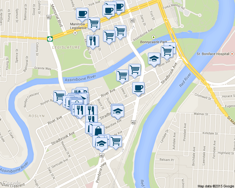 map of restaurants, bars, coffee shops, grocery stores, and more near 292 River Avenue in Winnipeg