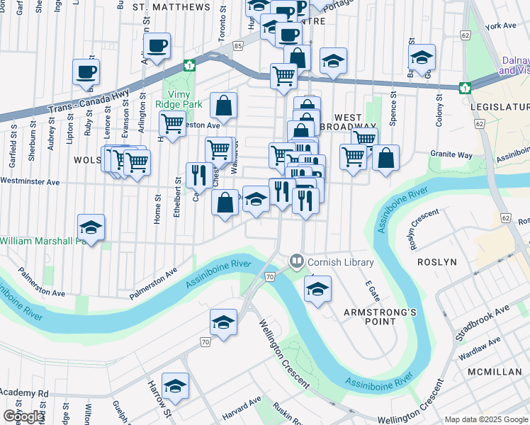 map of restaurants, bars, coffee shops, grocery stores, and more near 739 Wolseley Avenue in Winnipeg