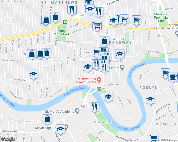 map of restaurants, bars, coffee shops, grocery stores, and more near 32 Dundurn Place in Winnipeg