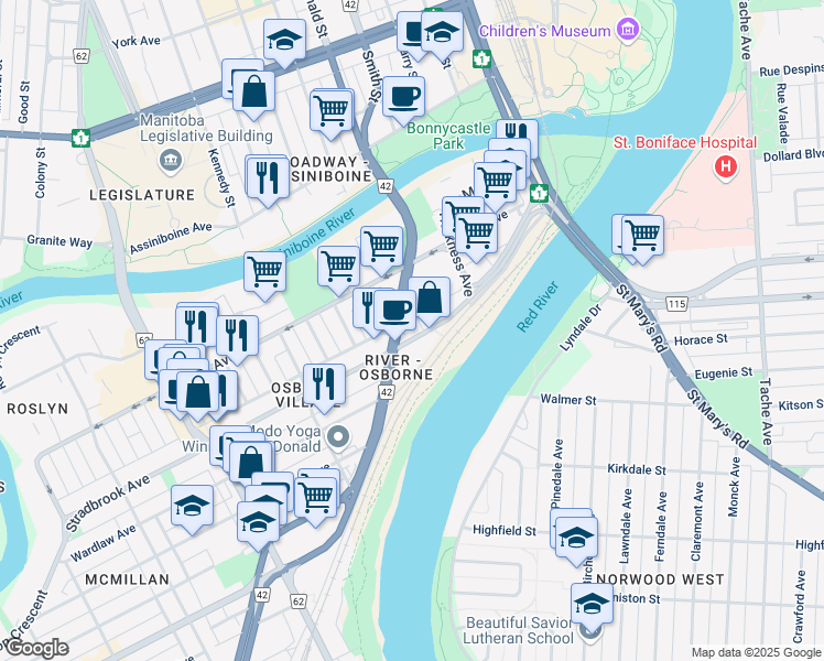 map of restaurants, bars, coffee shops, grocery stores, and more near 5 Donald Street in Winnipeg
