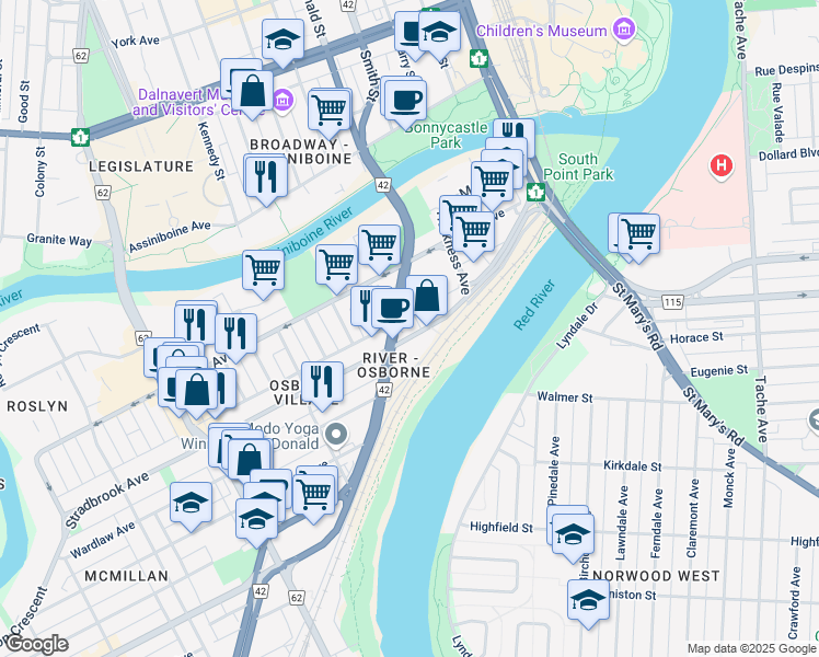 map of restaurants, bars, coffee shops, grocery stores, and more near 5 Donald Street in Winnipeg