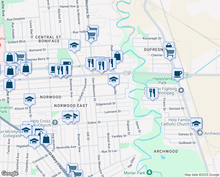 map of restaurants, bars, coffee shops, grocery stores, and more near 261 Youville Street in Winnipeg