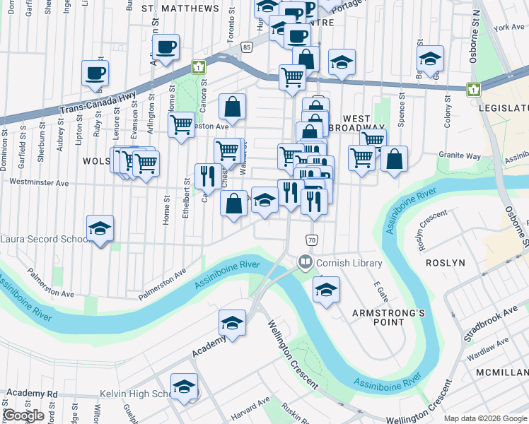 map of restaurants, bars, coffee shops, grocery stores, and more near 753 Wolseley Avenue in Winnipeg