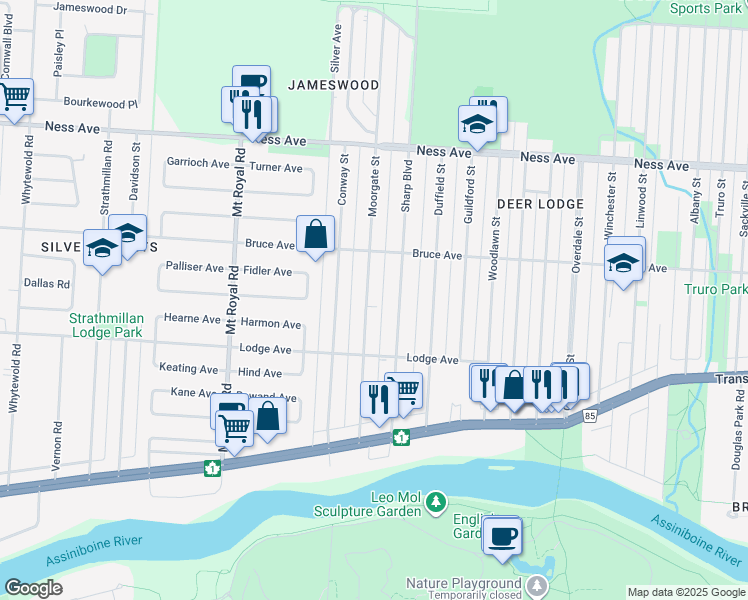 map of restaurants, bars, coffee shops, grocery stores, and more near 297 Moorgate Street in Winnipeg