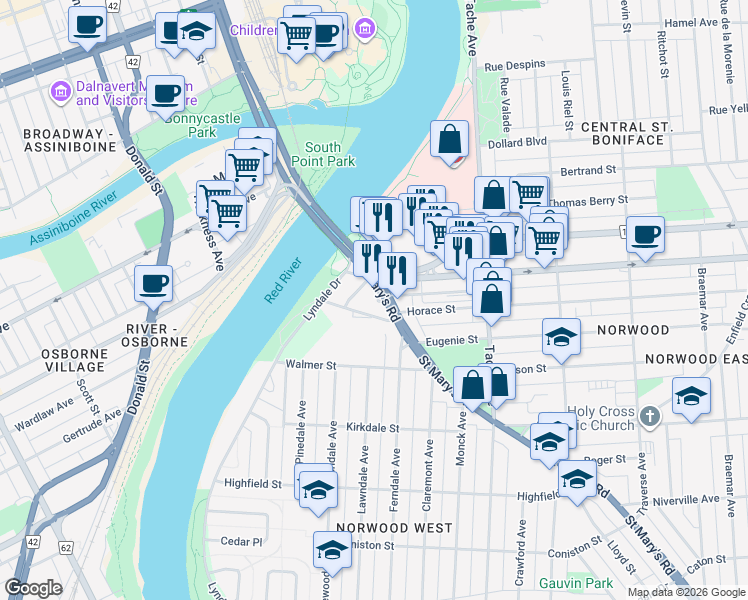 map of restaurants, bars, coffee shops, grocery stores, and more near 0 Saint Mary's Road in Winnipeg