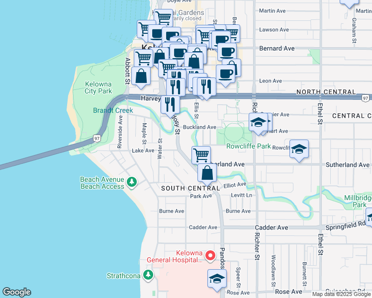 map of restaurants, bars, coffee shops, grocery stores, and more near in Kelowna