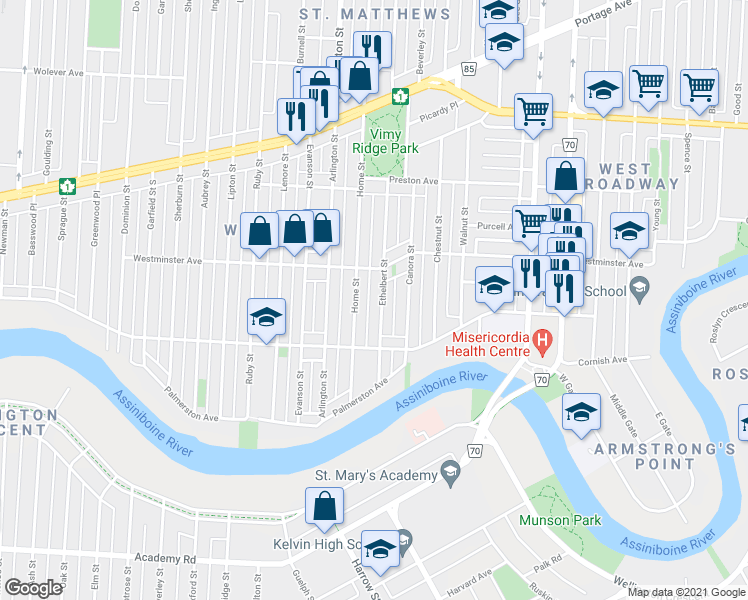 map of restaurants, bars, coffee shops, grocery stores, and more near 137 Ethelbert Street in Winnipeg