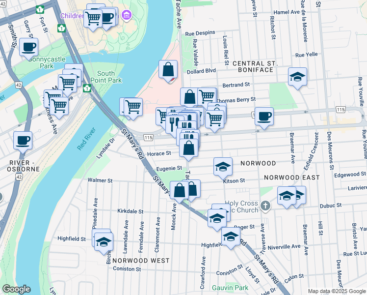 map of restaurants, bars, coffee shops, grocery stores, and more near 287 Tache Avenue in Winnipeg