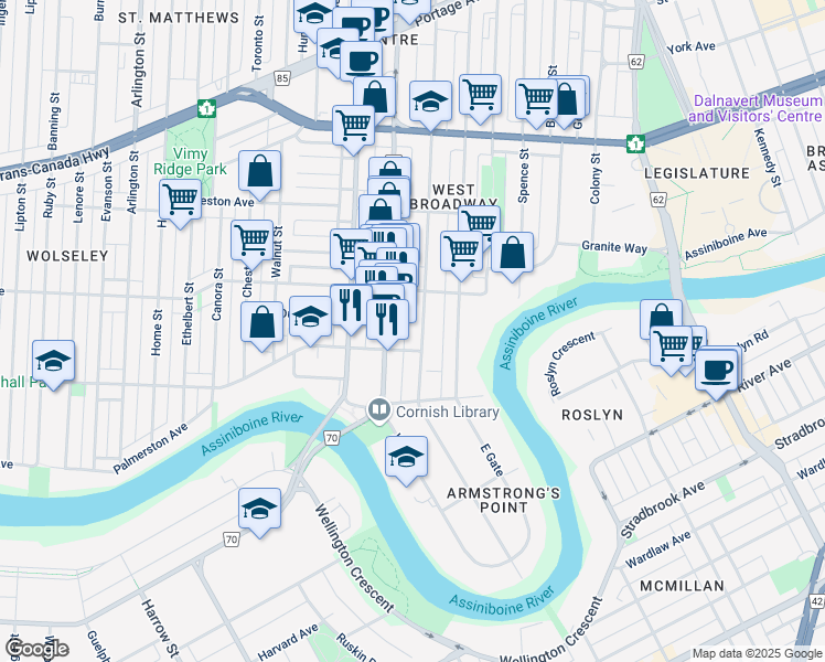 map of restaurants, bars, coffee shops, grocery stores, and more near 66 Furby Street in Winnipeg