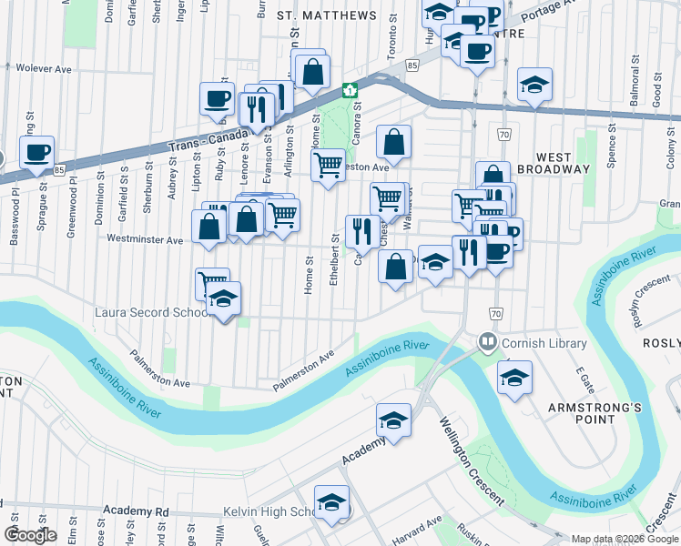 map of restaurants, bars, coffee shops, grocery stores, and more near 129 Ethelbert Street in Winnipeg