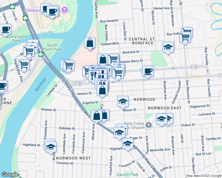 map of restaurants, bars, coffee shops, grocery stores, and more near 149 Horace Street in Winnipeg