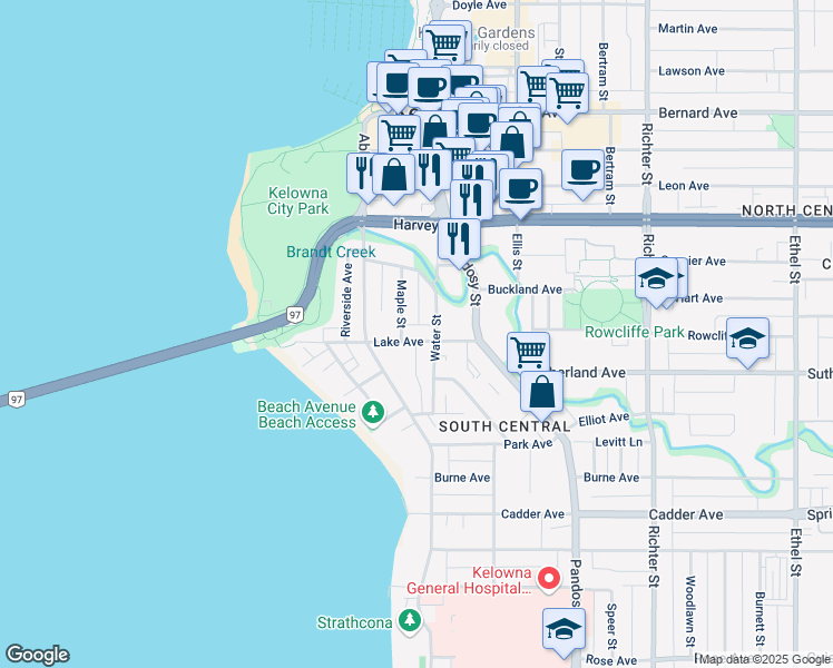 map of restaurants, bars, coffee shops, grocery stores, and more near 268 Lake Avenue in Kelowna