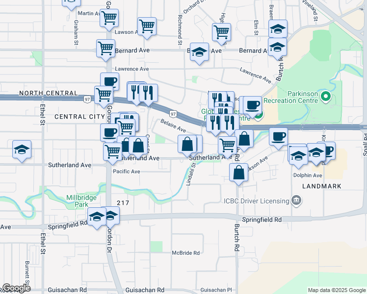 map of restaurants, bars, coffee shops, grocery stores, and more near 1329 Pridham Avenue in Kelowna