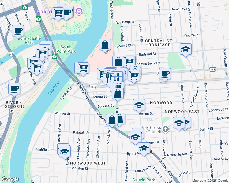 map of restaurants, bars, coffee shops, grocery stores, and more near 287 Tache Avenue in Winnipeg