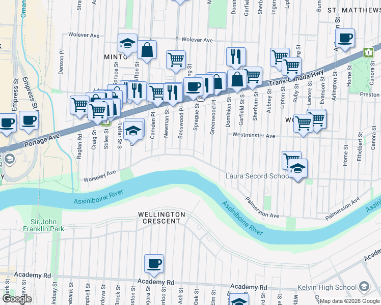 map of restaurants, bars, coffee shops, grocery stores, and more near 1173 Wolseley Avenue in Winnipeg