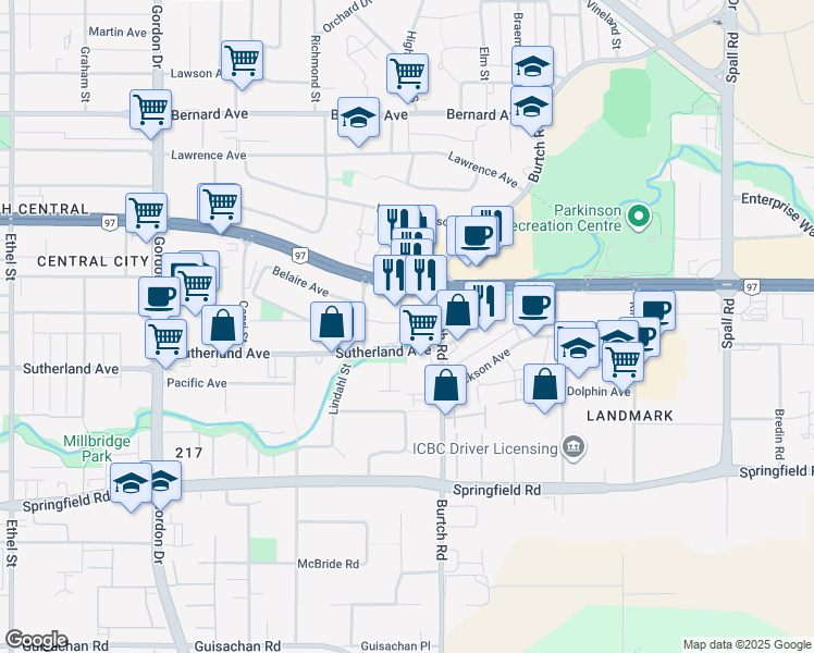 map of restaurants, bars, coffee shops, grocery stores, and more near 1450 Sutherland Avenue in Kelowna