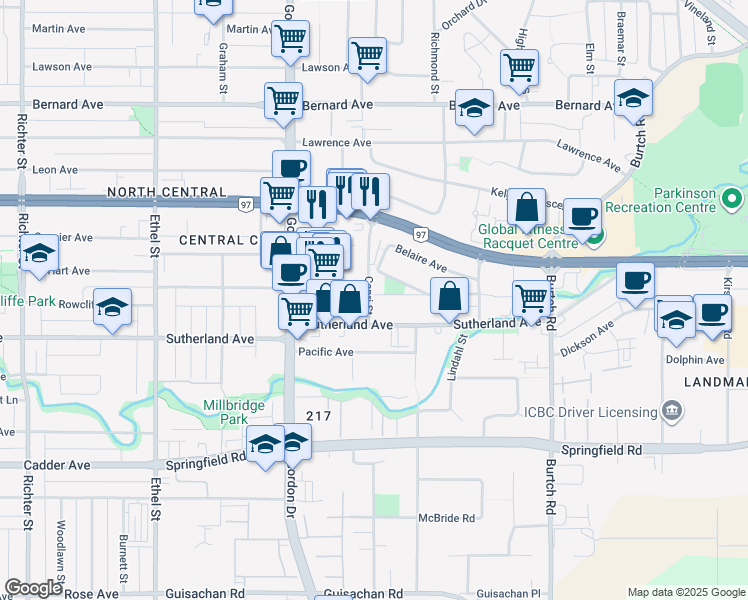 map of restaurants, bars, coffee shops, grocery stores, and more near 1233 Pridham Avenue in Kelowna