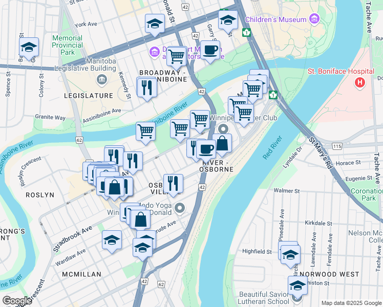 map of restaurants, bars, coffee shops, grocery stores, and more near 6 Donald Street in Winnipeg