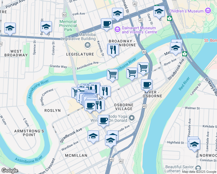 map of restaurants, bars, coffee shops, grocery stores, and more near 16 Roslyn Road in Winnipeg