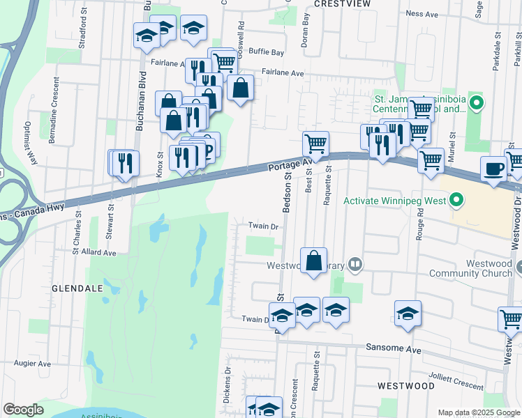 map of restaurants, bars, coffee shops, grocery stores, and more near 3584 Portage Avenue in Winnipeg
