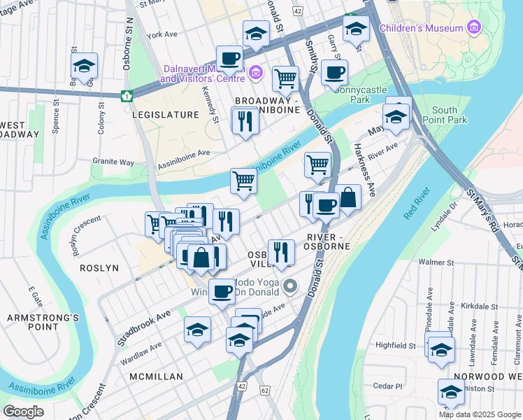 map of restaurants, bars, coffee shops, grocery stores, and more near 339 River Avenue in Winnipeg