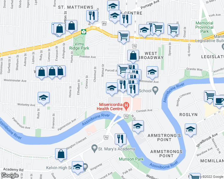 map of restaurants, bars, coffee shops, grocery stores, and more near 32 Dundurn Place in Winnipeg